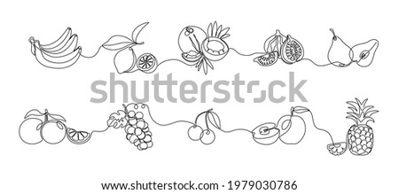 One line fruits. Continuous line exotic pineapple banana citrus pear and grape, trendy monoline healthy food. Vector fruit isolated set Royalty-Free Stock Photo #1979030786