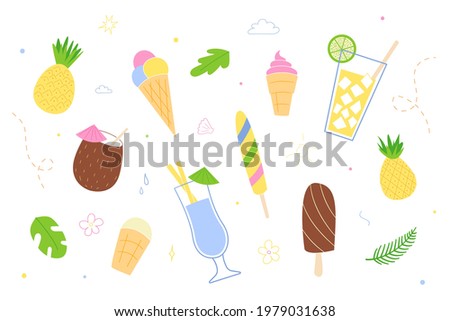 A set of various ice creams and cocktails.Isolated drawings in the style of doodle on a white background.
