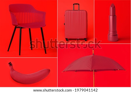 Collage of photos on red background