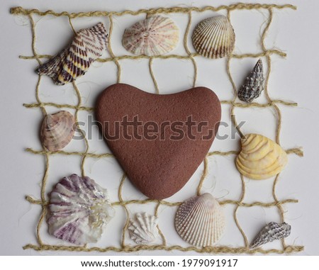 Heart shaped red pebble and seashells. Decoration composition made of red pebble, seashells and decorative net.