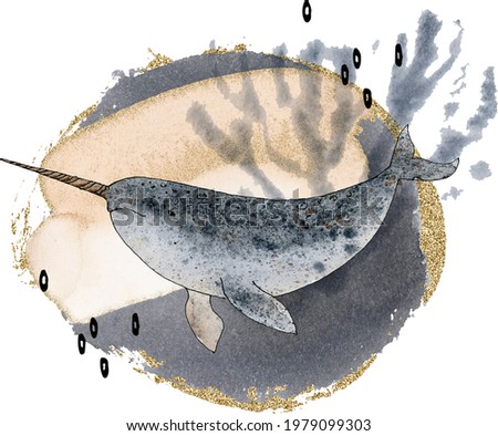 Watercolor whale abstract sublimation design clipart, Nautical printable clip art, Narwhal, Sea life digital poster, Underwater creatures