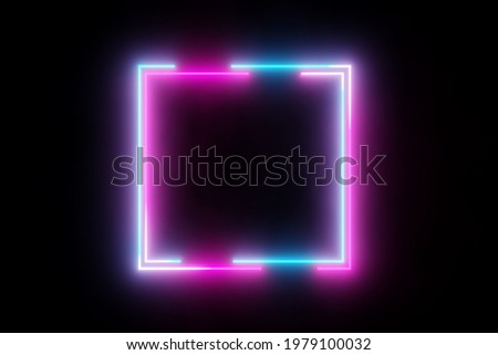 Modern futuristic abstract blue, red and pink neon glowing light square frame design in dark room background, 3D illustration