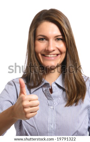 A business woman gives a co-worker a thumbs up