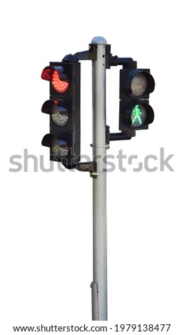 Traffic light with red light for cars and green light for pedestrians isolated on white