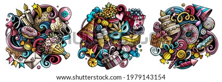 Birthday cartoon vector doodle designs set. Colorful detailed compositions with lot of holiday objects and symbols. Isolated on white illustrations