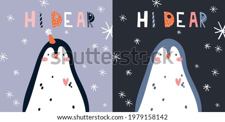 Cute vector Christmas postcard template design arctic animal penguin with greeting hi dear lettering. Cartoon winter clip art illustration with snowflakes.