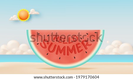 Hello summer with watermelon and beach background in cute 3d art style and pastel color scheme background vector illustration