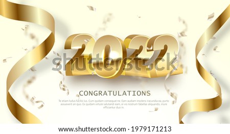 Happy New Year 2022. Golden 3D numbers with ribbons and confetti on a white background.