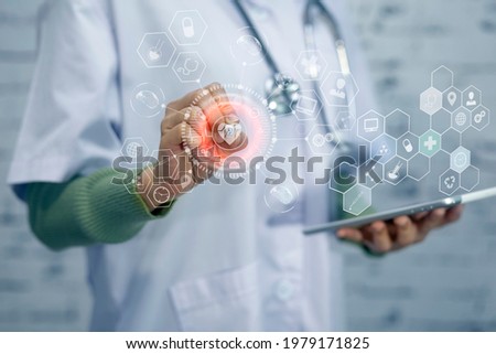 Double exposure of healthcare And Medicine concept. Doctor using modern medicine virtual screen interface icons tech screen.