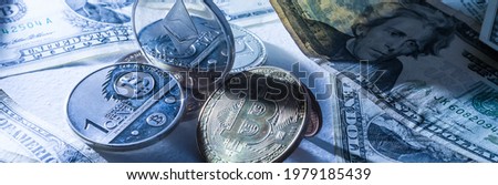 Golden Bitcoins on US dollars. Electronic money exchange concept