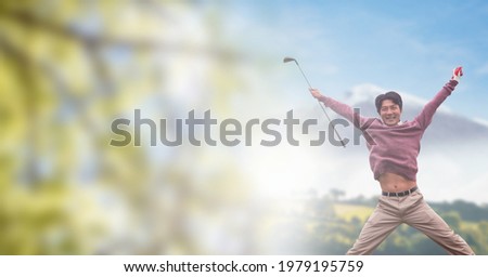 Composition of fit male golf player jumping and raising hands over blue sky with clouds. sport, fitness and active lifestyle concept digitally generated image.