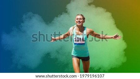 Composition of athletic woman running and smiling on colorful background. sport, fitness and active lifestyle concept digitally generated image.