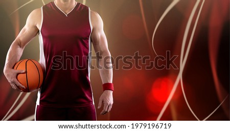 Composition of athletic male basketball player with ball on red background. sport, fitness and active lifestyle concept digitally generated image.