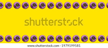 Espresso template, Traditional Turkish coffee in purple cup on border of yellow surface as frame. Area for text, copy space. Seamless geometric pattern.