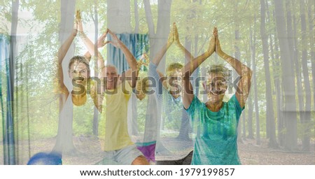 Composition of senior group practicing yoga with instructor and trees in sunlight. healthy active retirement lifestyle concept digitally generated image.
