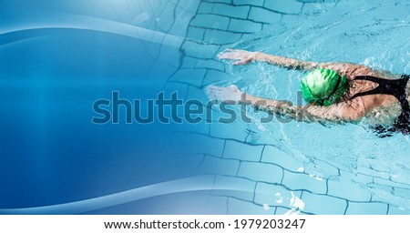 Composition of female swimmer swimming in pool with copy space on blue background. sport, fitness and active lifestyle concept digitally generated image.