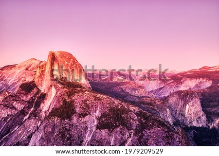 Yosemite Valley with Illuminated Half Dome at Sunset, View from Glacier Point, Yosemite National Park, California  