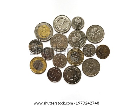 Polish zloty coins on white background.Close up photography.