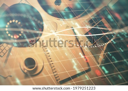 Multi exposure of forex chart drawing and work table top veiw. Concept of financial analysis.