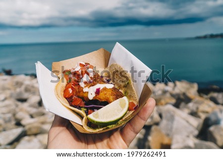 Fish taco on a paper plate at seaside  