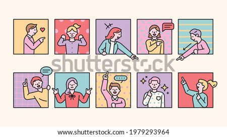 People are sticking out from the window and pointing their fingers at others. flat design style minimal vector illustration.
