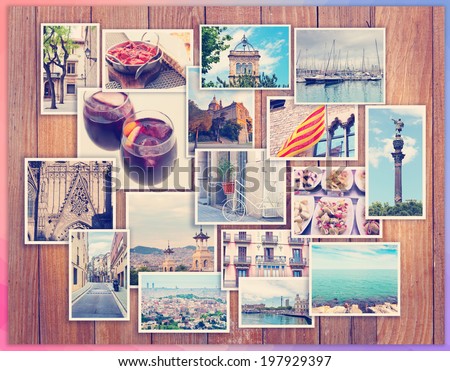 Barcelona collage, a few photos on a wooden background, postcard