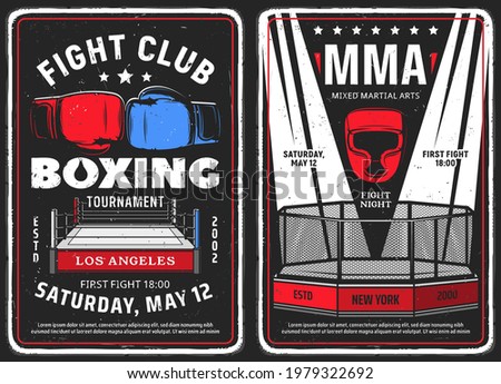 Boxing and mixed martial arts club grunge posters. Boxing ring and gloves, MMA octagon cage and light beams. Fighting club tournament, sport competition retro vector banner or grungy flyer template Royalty-Free Stock Photo #1979322692
