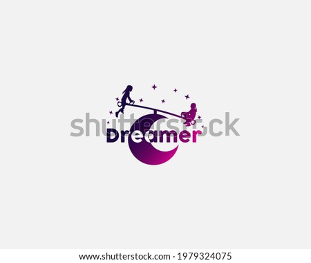 two small children playing on a swing on the moon, can be used as a logo for education, motivation, book covers and others