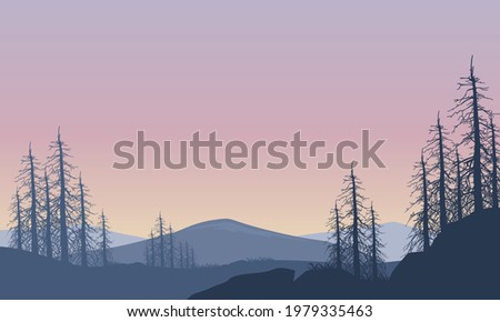 Realistic silhouette of mountains with dry trees at sunrise. Vector illustration of a city