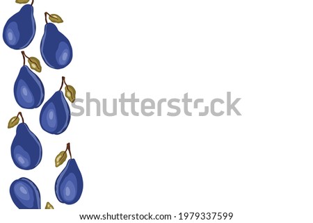 Plum icons isolated an empty table. Frame with natural delicious fresh ripe tasty fruit. Template vector illustration for packaging, banner, card and other design. Food concept. Copy space.