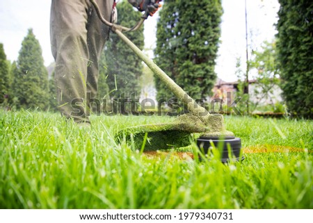 Mowing the grass with a lawn mower. Garden work concept background. Royalty-Free Stock Photo #1979340731