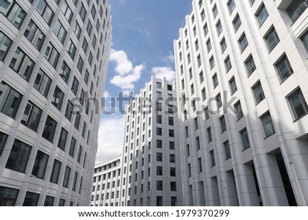 Aquamarine Business Center. New facade of white house in Moscow city, Russia. Modern architecture. Contemporary architecture. Moscow architectural landmark. White houses of Aquamarine Business Center