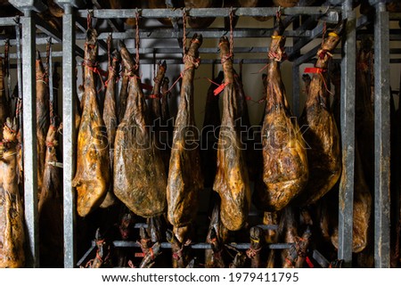 many Iberian Pata Negra hams hung ready to be sold. Jamón serrano. A Spanish ham. Red tag, red label. Iberian Ham Royalty-Free Stock Photo #1979411795