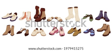 Female modern boots and shoes collection. Trendy sandals and loafers set. Different fashionable sneakers and training shoes in cartoon style. Royalty-Free Stock Photo #1979415275