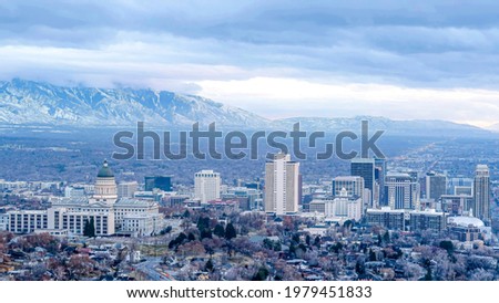 Pano Utah State Capital Building and skyscrapers on an aerial view of Salt Lake City