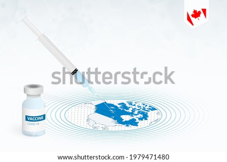 COVID-19 vaccination in Canada, coronavirus vaccination illustration with vaccine bottle and syringe injection in map of Canada. Vector template.
