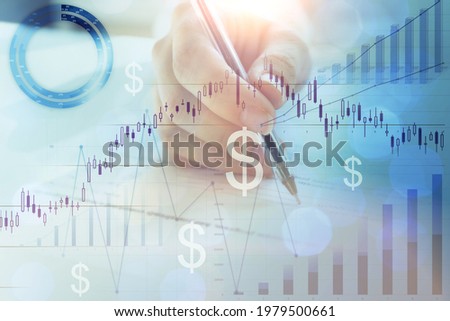 Business finance growth graph candlestick chart analysing diagram,finance icons line with trader's hand