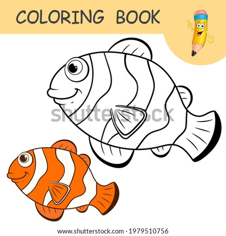 Coloring book with character tropical clown fish. Colorless and color samples fish on coloring page for kids. Coloring design in cute cartoon style. Black contour silhouette with a sample for coloring