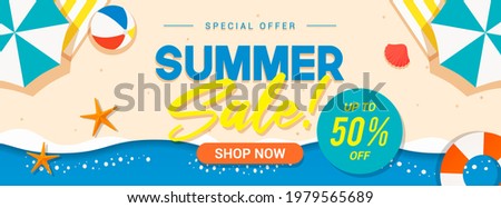 Summer sale banner vector illustration. Summer beach flat design
