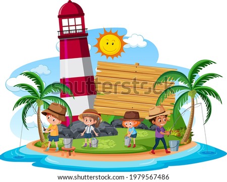 Empty banner template with kids fishing at the beach on white background illustration