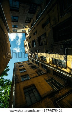 View of typical courtyard old structure shapes in St. Petersburg, Russia. 