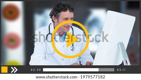 Composition of screen with male doctor during online consultation. global online medicine and technology concept digitally generated image.