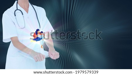 Composition of people illustration over female doctor using tablet with copy space. global online medicine and technology concept digitally generated image.