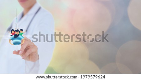 Composition of female doctor touching virtual screen with people illustration and copy space. global online medicine and technology concept digitally generated image.