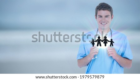 Composition of smiling male doctor touching virtual screen with people illustration and copy space. global online medicine and technology concept digitally generated image.