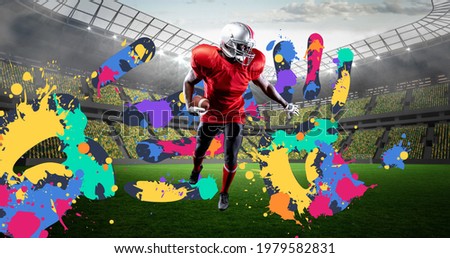 Composition of american football player over colourful handprints and sports stadium background. sports event and competition concept digitally generated image.