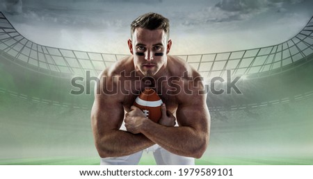 Composition of male rugby player with ball over rugby field. sport, fitness and active lifestyle concept digitally generated image.