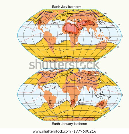 Geography landforms and elevation vector illustration. World isotherm map and temperature map for July and January
