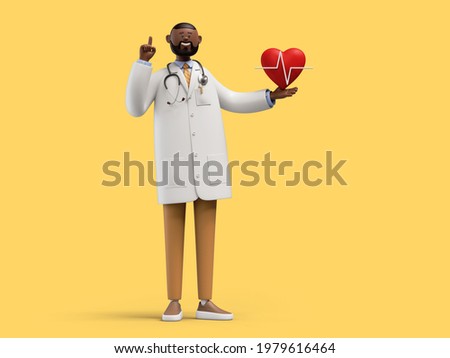 3d render. African cartoon character doctor. Cardiologist shows red heart symbol. Medical clip art isolated on yellow background