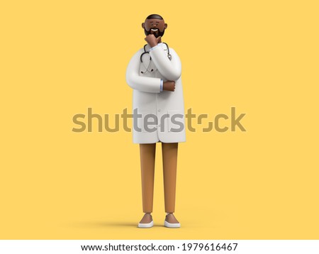 3d render. African cartoon character doctor thinking. Medical clip art isolated on yellow background